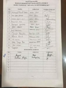 Foto: Daftar Hadir-Tampak daftar hadir yang memuat nama Iman Setia Harahap di kolom nomor dua dengan jabatan ketua BEM, saat ini bersama 13 BEM se Kota Medan, ke Kantor Gubsu tertanggal 26 September 2017